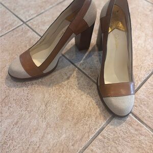 Cole Haan Nike Air Brown/Tan leather and Cream canvas Women's Heels